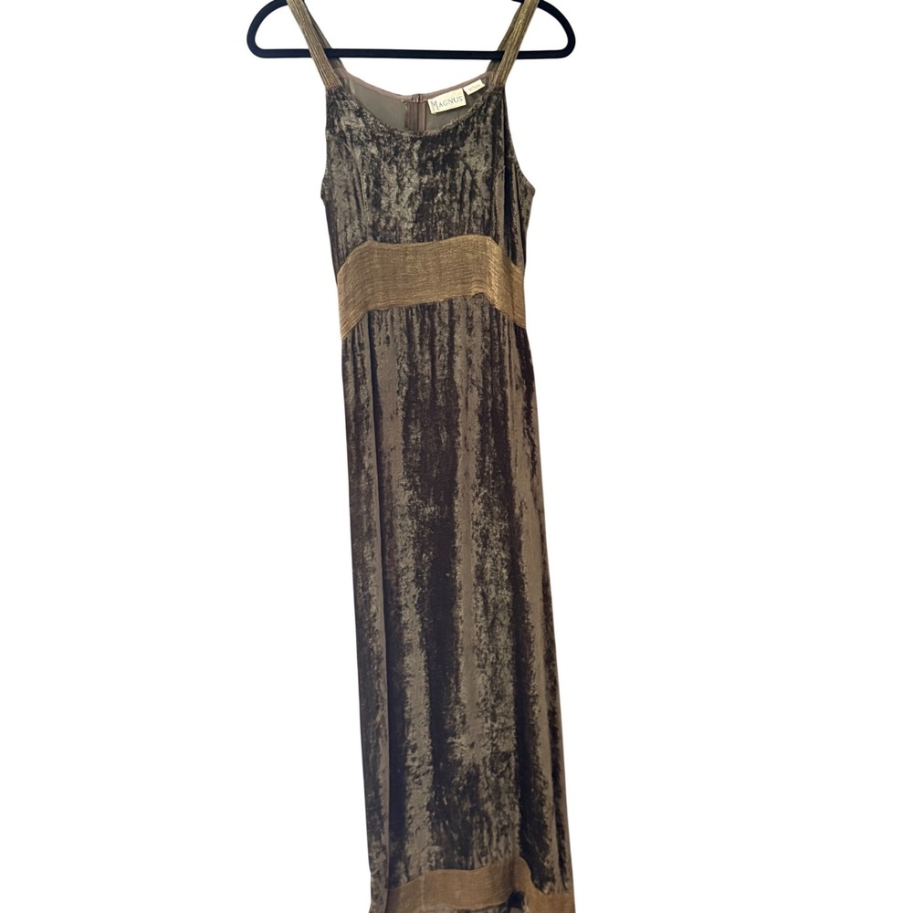 Renaissance Magnus Vintage 90s‎ Crushed Velvet Maxi Dress Brown Gold Goblin L
